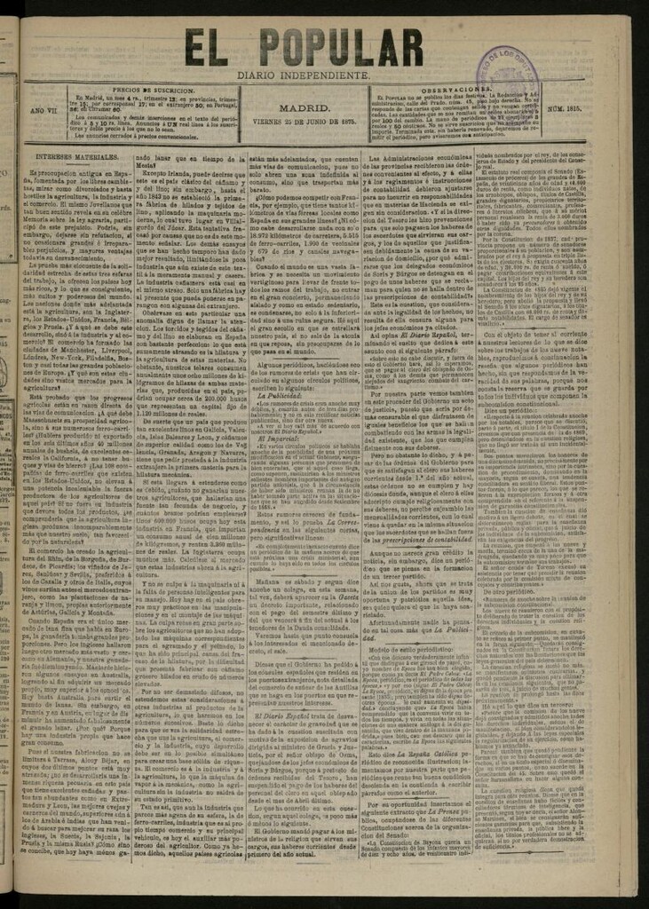 Miniatura de El Popular: diario independiente, político, literario y de noticias de interés general del 25 de junio de 1875, nº 1815