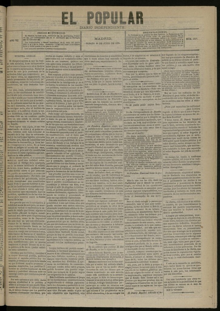 Miniatura de El Popular: diario independiente, político, literario y de noticias de interés general del 26 de junio de 1875, nº 1816