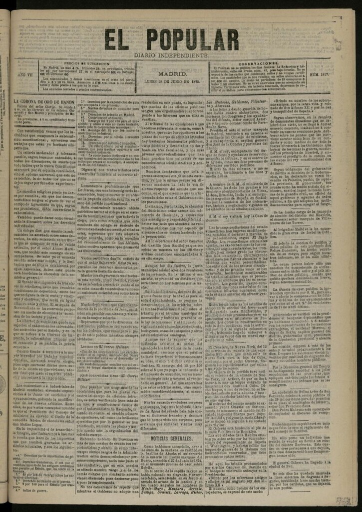 Miniatura de El Popular: diario independiente, político, literario y de noticias de interés general del 28 de junio de 1875, nº 1817