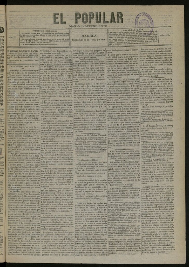 Miniatura de El Popular: diario independiente, político, literario y de noticias de interés general del 30 de junio de 1875, nº 1818