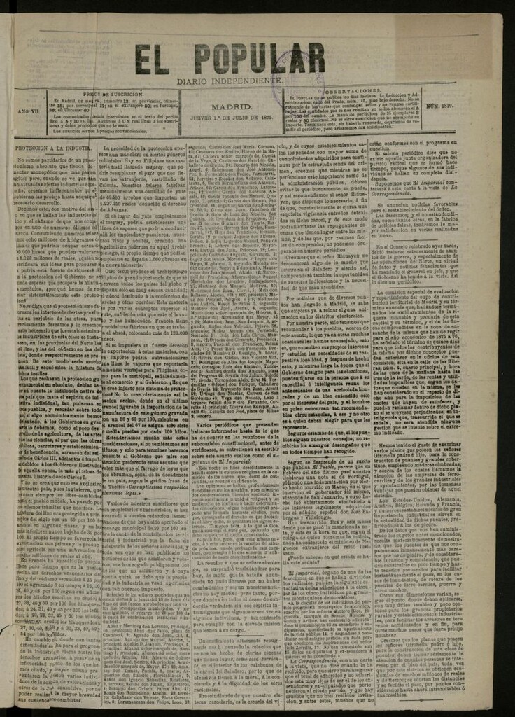 Miniatura de El Popular: diario independiente, político, literario y de noticias de interés general del 1 de julio de 1875, nº 1819