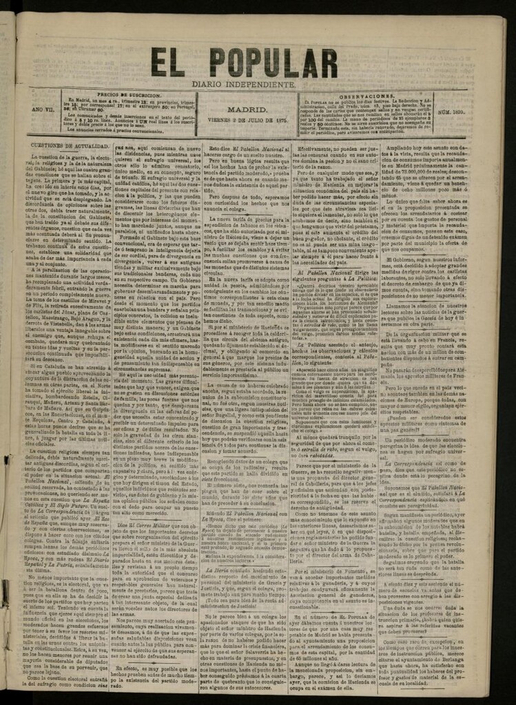 Miniatura de El Popular: diario independiente, político, literario y de noticias de interés general del 2 de julio de 1875, nº 1820