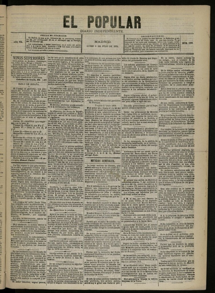 Miniatura de El Popular: diario independiente, político, literario y de noticias de interés general del 5 de julio de 1875, nº 1822