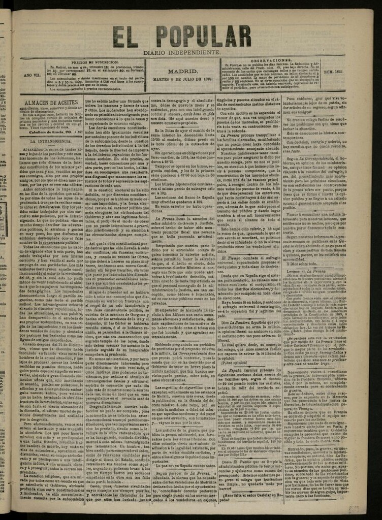 Miniatura de El Popular: diario independiente, político, literario y de noticias de interés general del 6 de julio de 1875, nº 1823