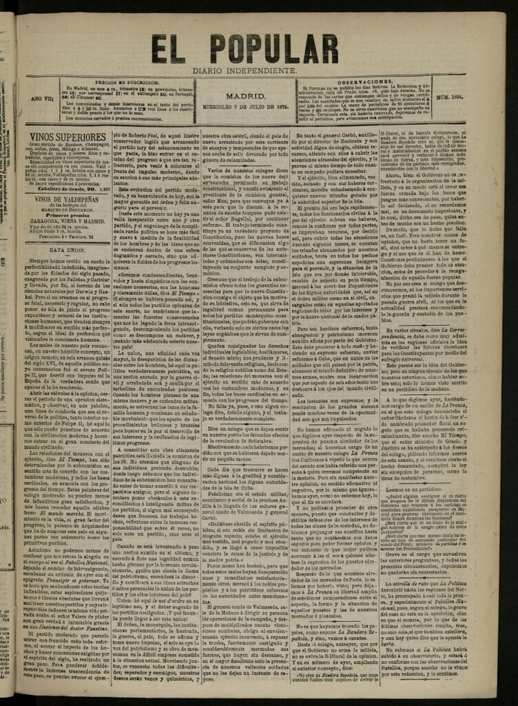Miniatura de El Popular: diario independiente, político, literario y de noticias de interés general del 7 de julio de 1875, nº 1824