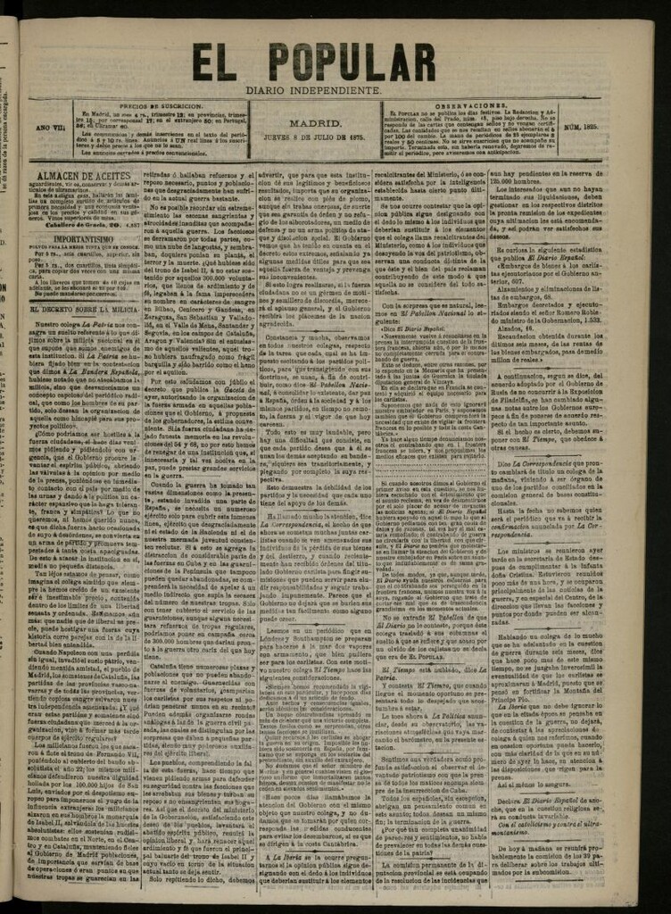 Miniatura de El Popular: diario independiente, político, literario y de noticias de interés general del 8 de julio de 1875, nº 1825