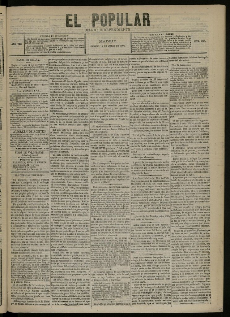 Miniatura de El Popular: diario independiente, político, literario y de noticias de interés general del 10 de julio de 1875, nº 1827