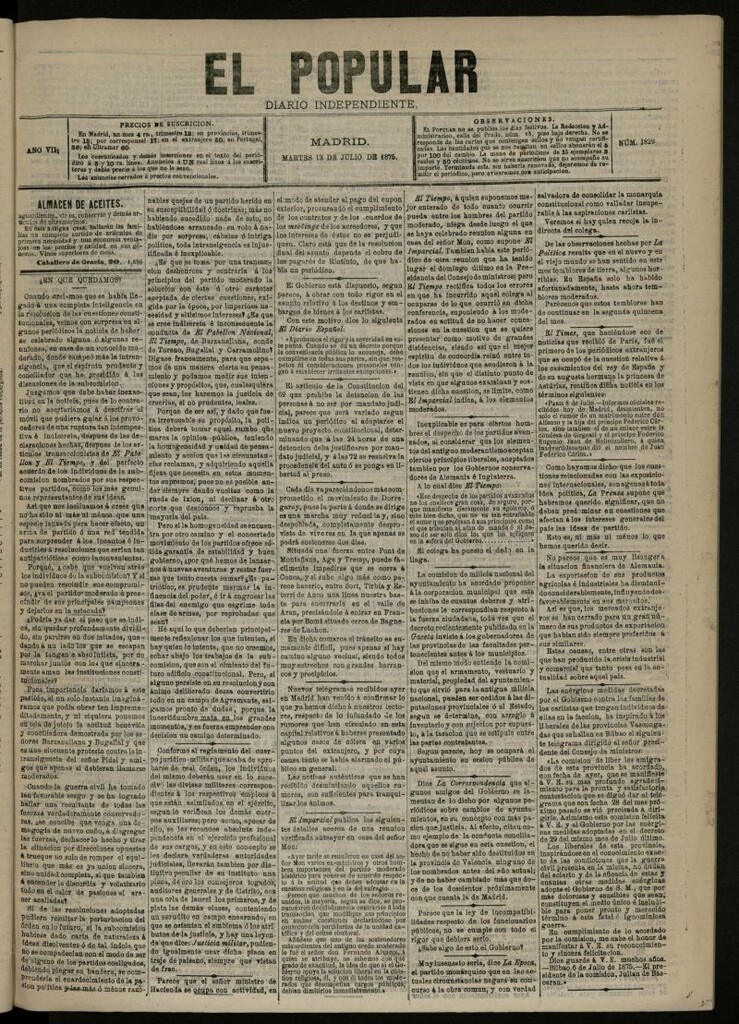 Miniatura de El Popular: diario independiente, político, literario y de noticias de interés general del 13 de julio de 1875, nº 1829