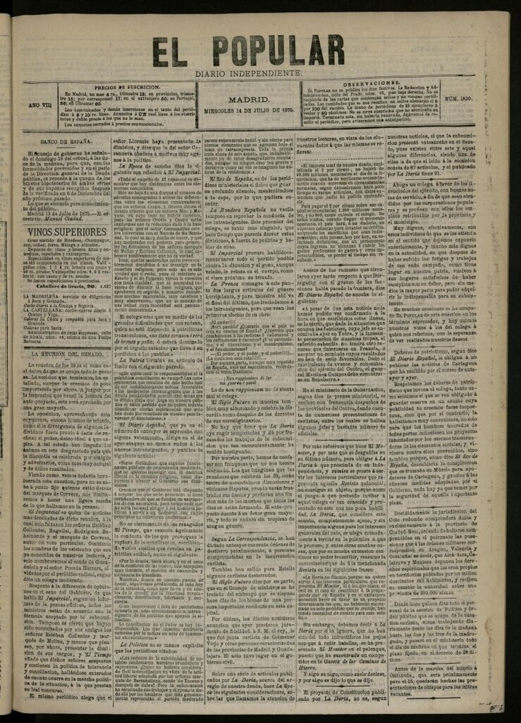 Miniatura de El Popular: diario independiente, político, literario y de noticias de interés general del 14 de julio de 1875, nº 1830