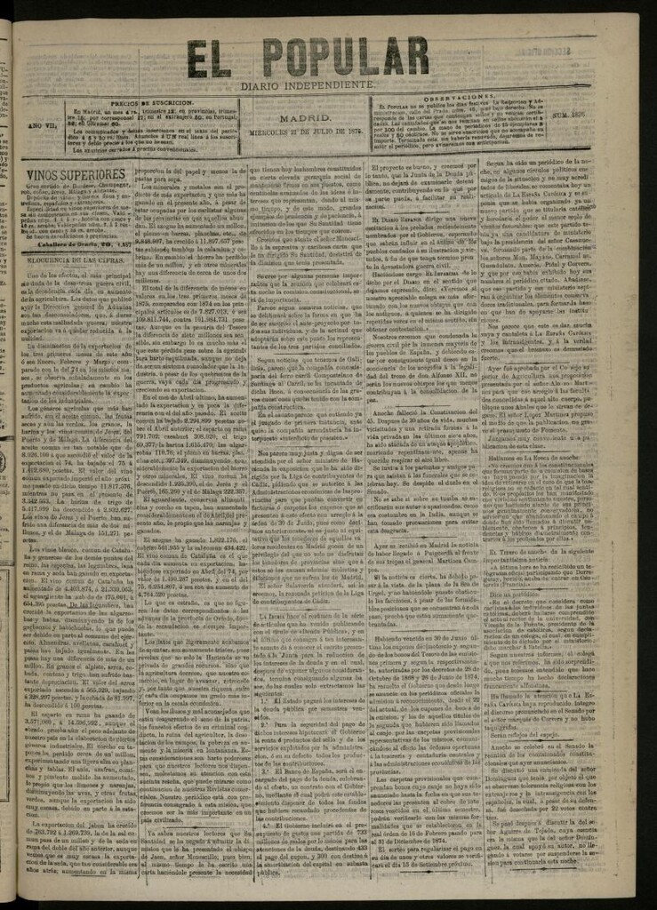Miniatura de El Popular: diario independiente, político, literario y de noticias de interés general del 21 de julio de 1875, nº 1836