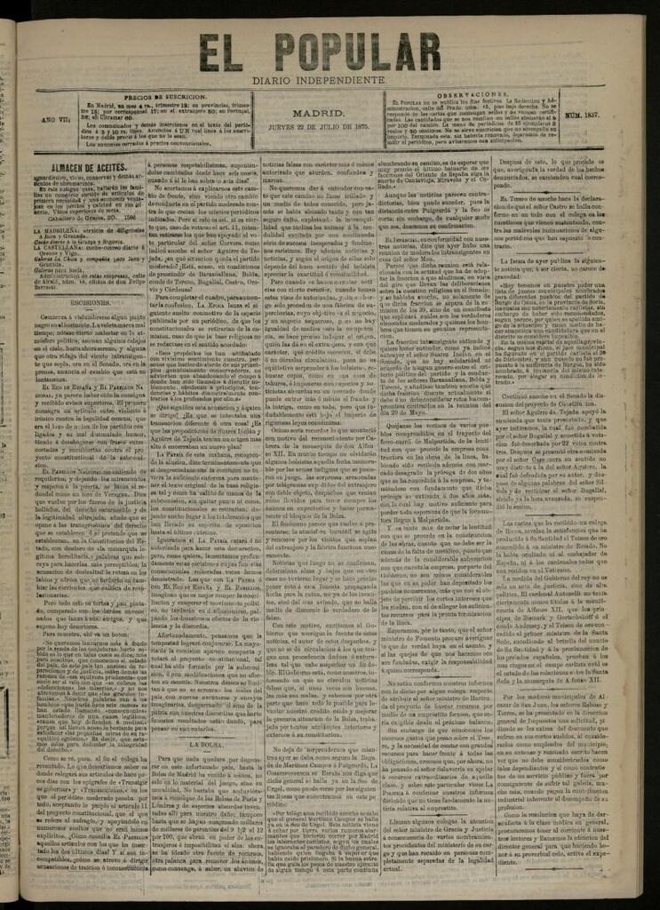 Miniatura de El Popular: diario independiente, político, literario y de noticias de interés general del 22 de julio de 1875, nº 1837