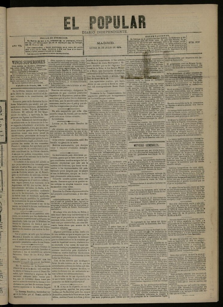 Miniatura de El Popular: diario independiente, político, literario y de noticias de interés general del 26 de julio de 1875, nº 1840