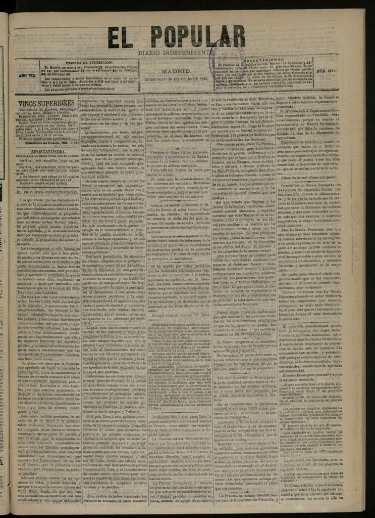 Miniatura de El Popular: diario independiente, político, literario y de noticias de interés general del 28 de julio de 1875, nº 1842