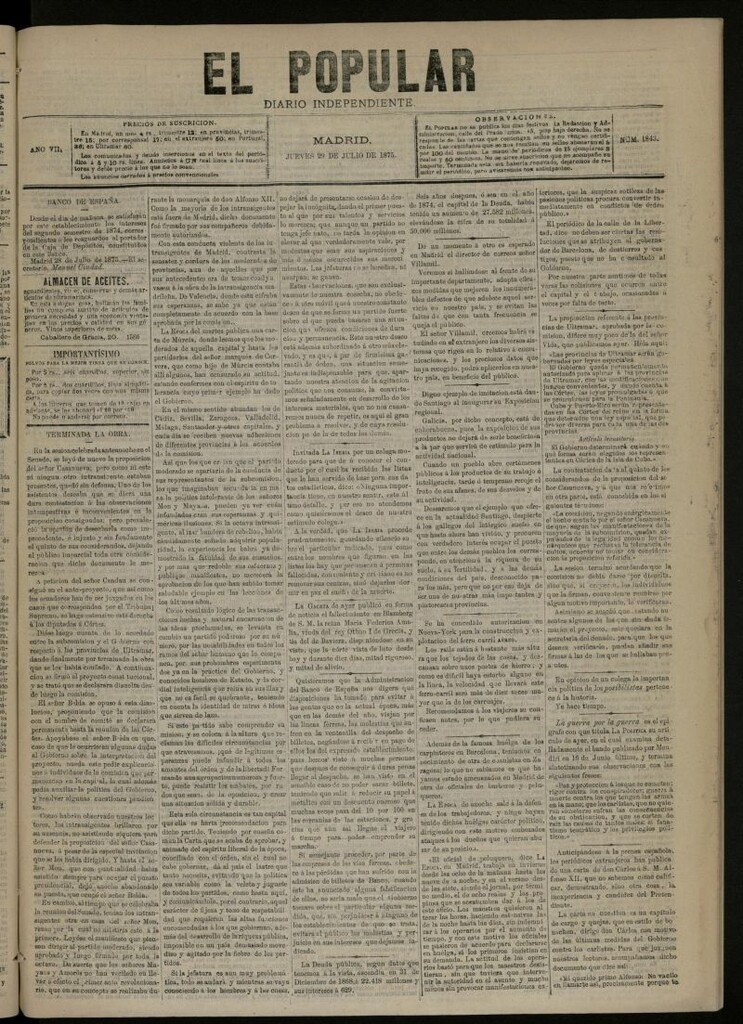 Miniatura de El Popular: diario independiente, político, literario y de noticias de interés general del 29 de julio de 1875, nº 1843