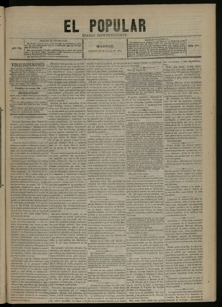 Miniatura de El Popular: diario independiente, político, literario y de noticias de interés general del 30 de julio de 1875, nº 1844