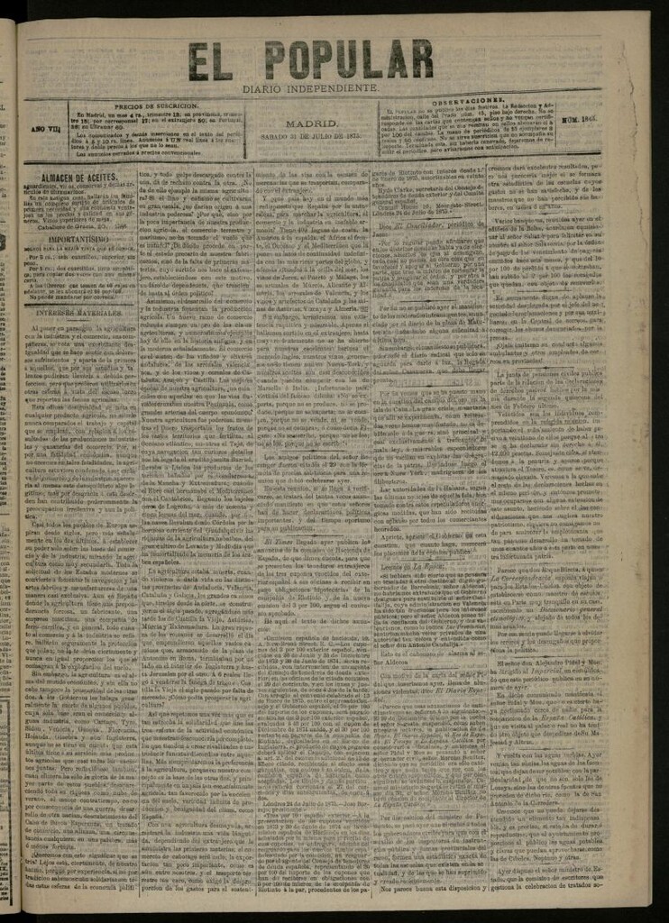 Miniatura de El Popular: diario independiente, político, literario y de noticias de interés general del 31 de julio de 1875, nº 1845