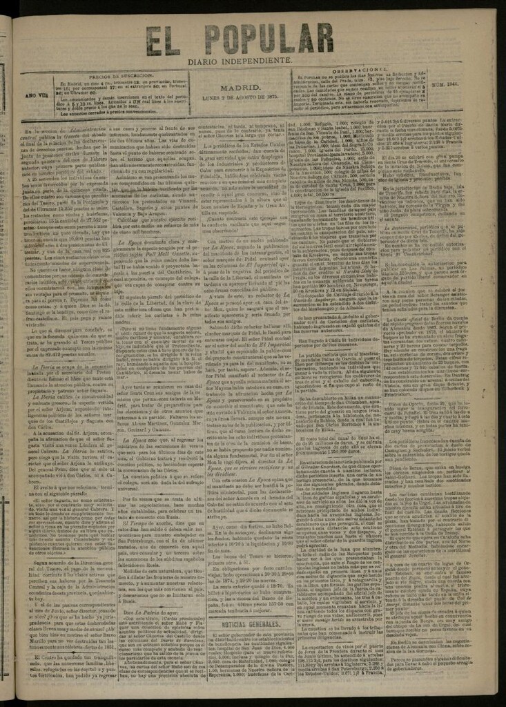 Miniatura de El Popular: diario independiente, político, literario y de noticias de interés general del 2 de agosto de 1875, nº 1846