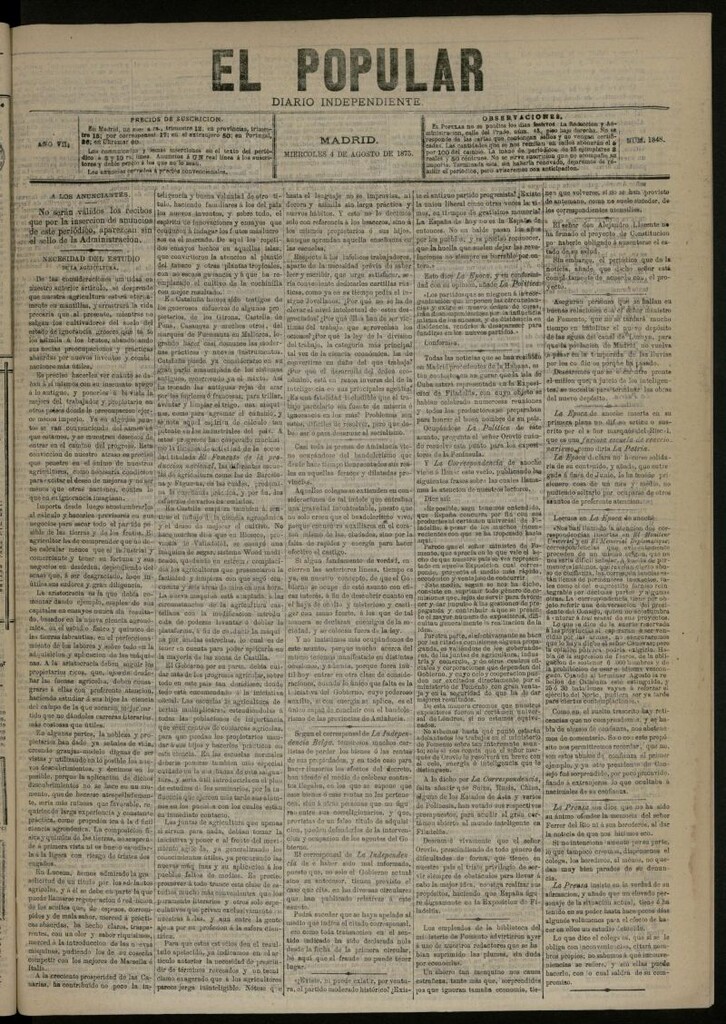 Miniatura de El Popular: diario independiente, político, literario y de noticias de interés general del 4 de agosto de 1875, nº 1848