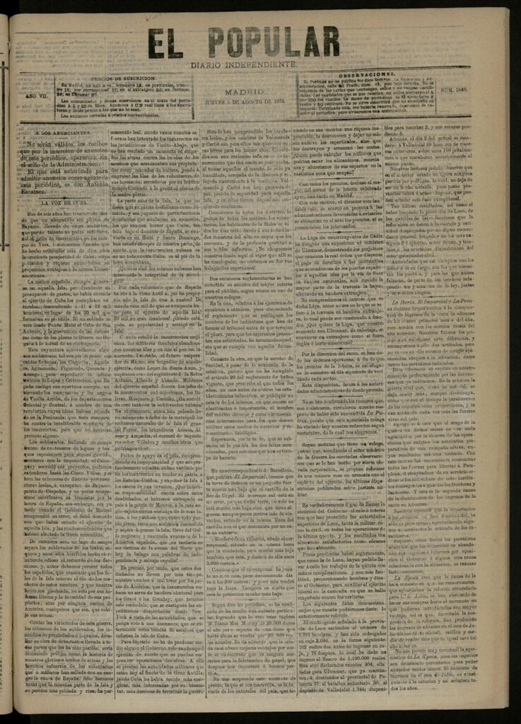 Miniatura de El Popular: diario independiente, político, literario y de noticias de interés general del 5 de agosto de 1875, nº 1849