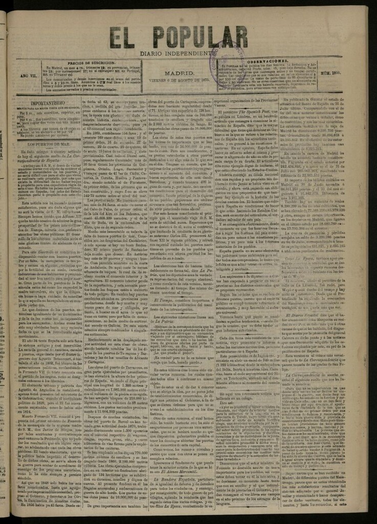 Miniatura de El Popular: diario independiente, político, literario y de noticias de interés general del 6 de agosto de 1875, nº 1850