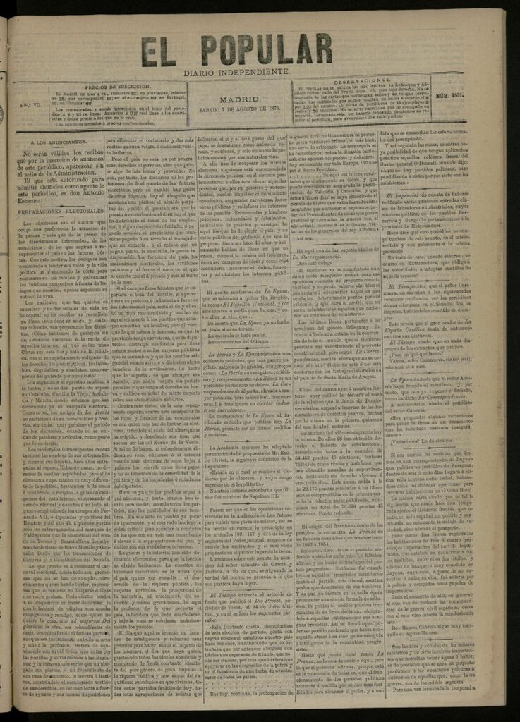 Miniatura de El Popular: diario independiente, político, literario y de noticias de interés general del 7 de agosto de 1875, nº 1851