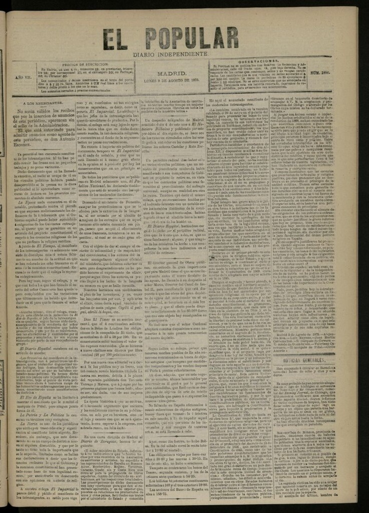 Miniatura de El Popular: diario independiente, político, literario y de noticias de interés general del 9 de agosto de 1875, nº 1852
