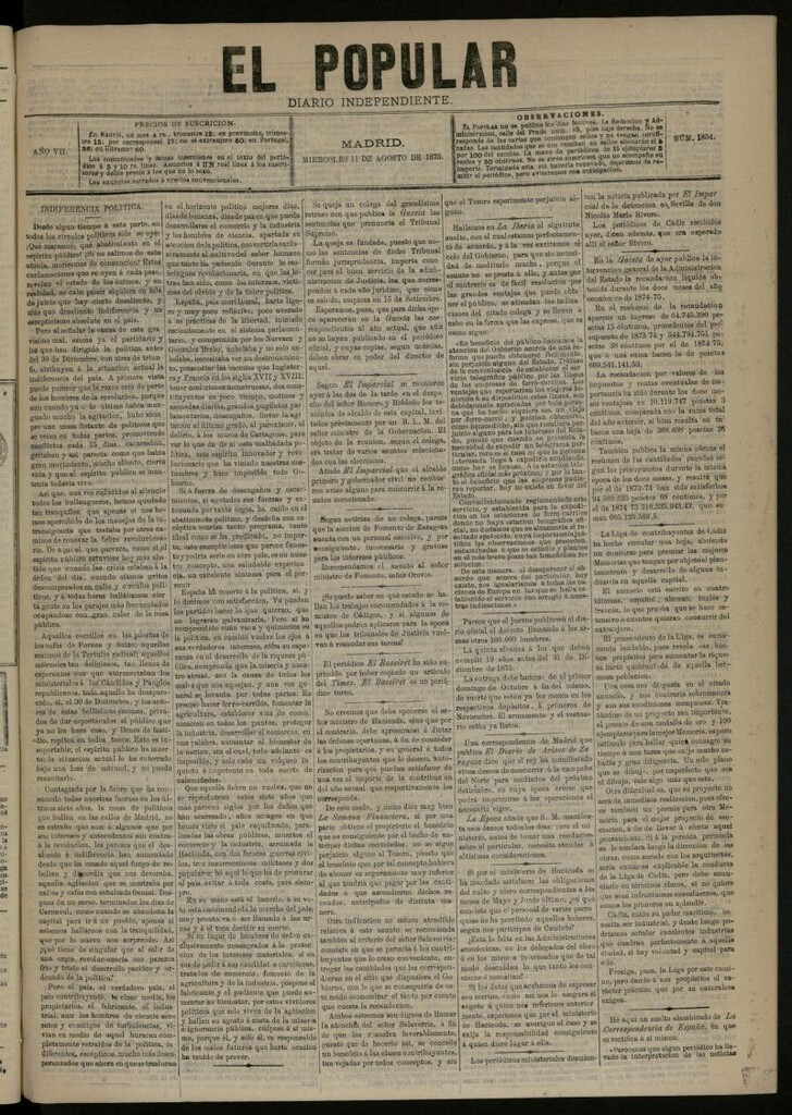Miniatura de El Popular: diario independiente, político, literario y de noticias de interés general del 11 de agosto de 1875, nº 1854