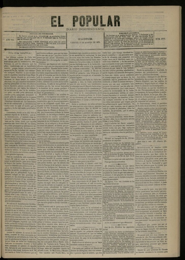 Miniatura de El Popular: diario independiente, político, literario y de noticias de interés general del 13 de agosto de 1875, nº 1856