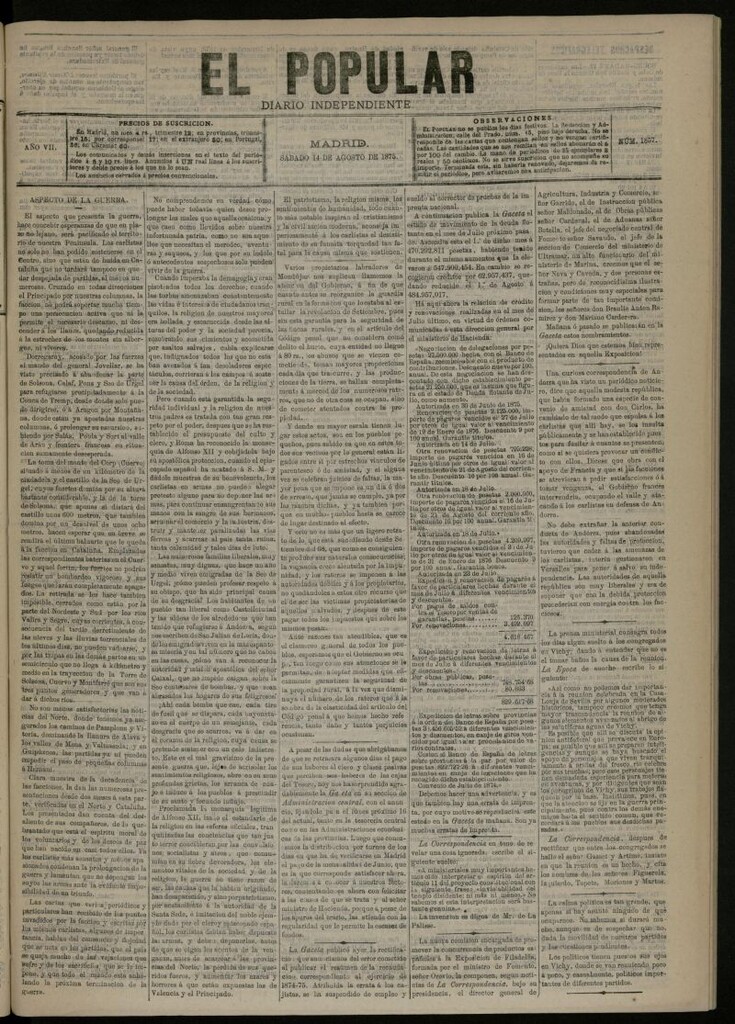 Miniatura de El Popular: diario independiente, político, literario y de noticias de interés general del 14 de agosto de 1875, nº 1857