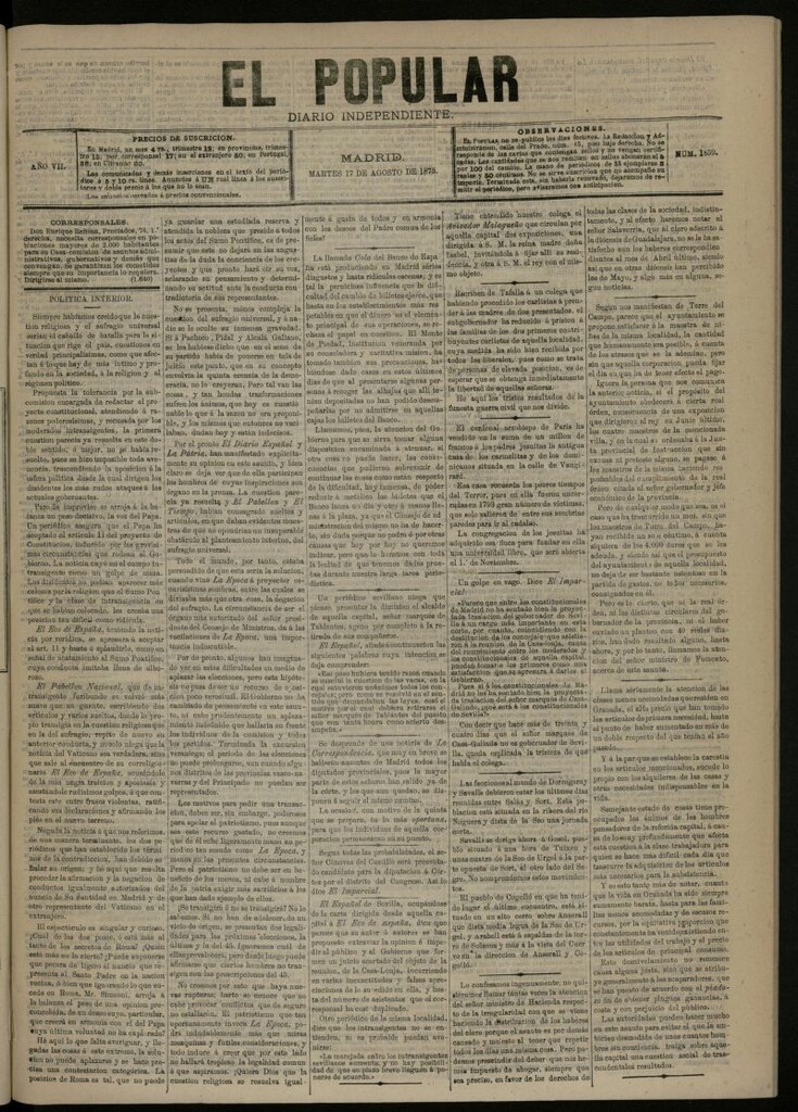 Miniatura de El Popular: diario independiente, político, literario y de noticias de interés general del 17 de agosto de 1875, nº 1859