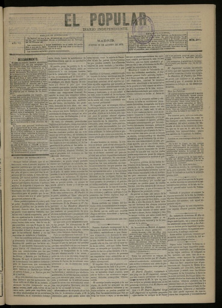 Miniatura de El Popular: diario independiente, político, literario y de noticias de interés general del 19 de agosto de 1875, nº 1861
