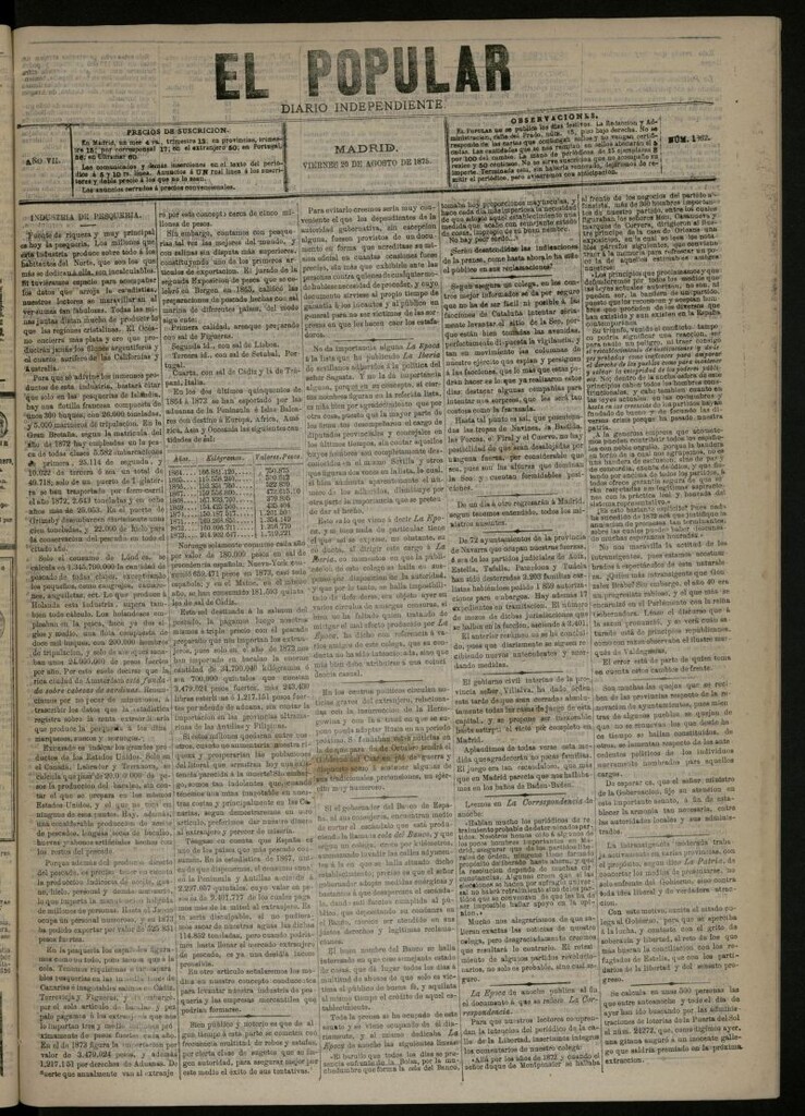 Miniatura de El Popular: diario independiente, político, literario y de noticias de interés general del 20 de agosto de 1875, nº 1862