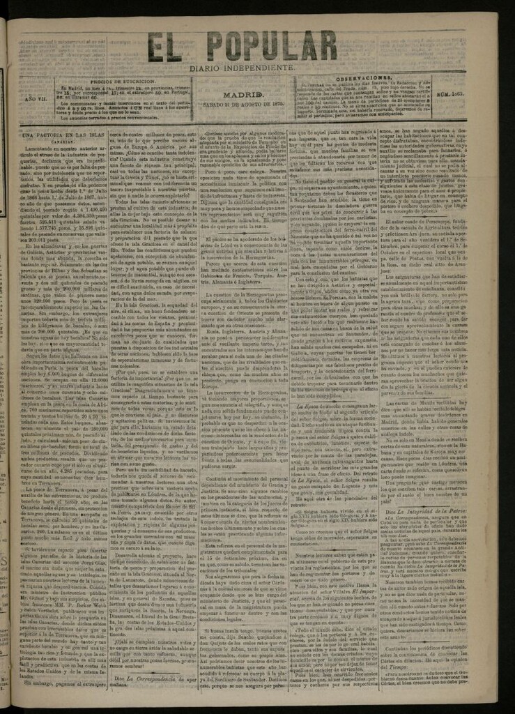 Miniatura de El Popular: diario independiente, político, literario y de noticias de interés general del 21 de agosto de 1875, nº 1863
