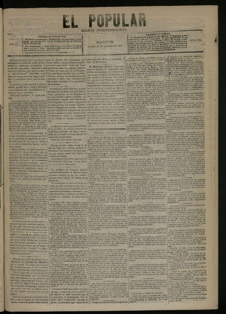 Miniatura de El Popular: diario independiente, político, literario y de noticias de interés general del 23 de agosto de 1875, nº 1864