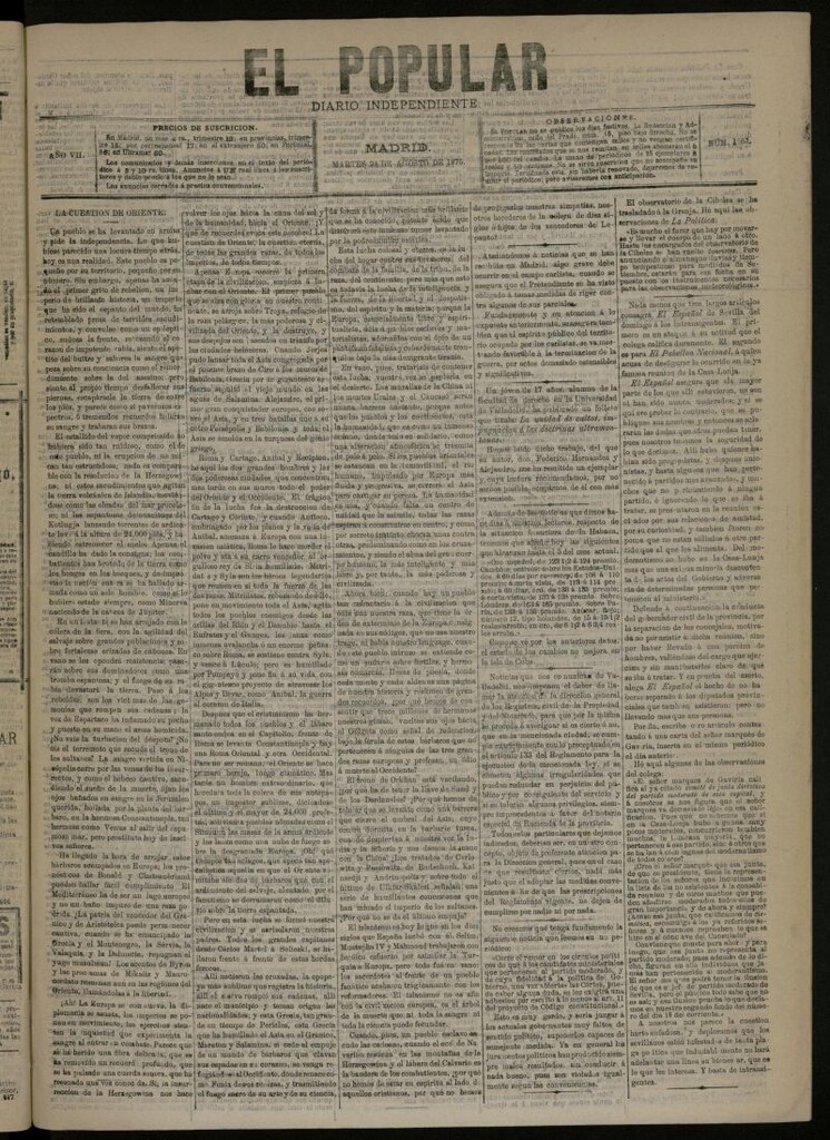 Miniatura de El Popular: diario independiente, político, literario y de noticias de interés general del 24 de agosto de 1875, nº 1865