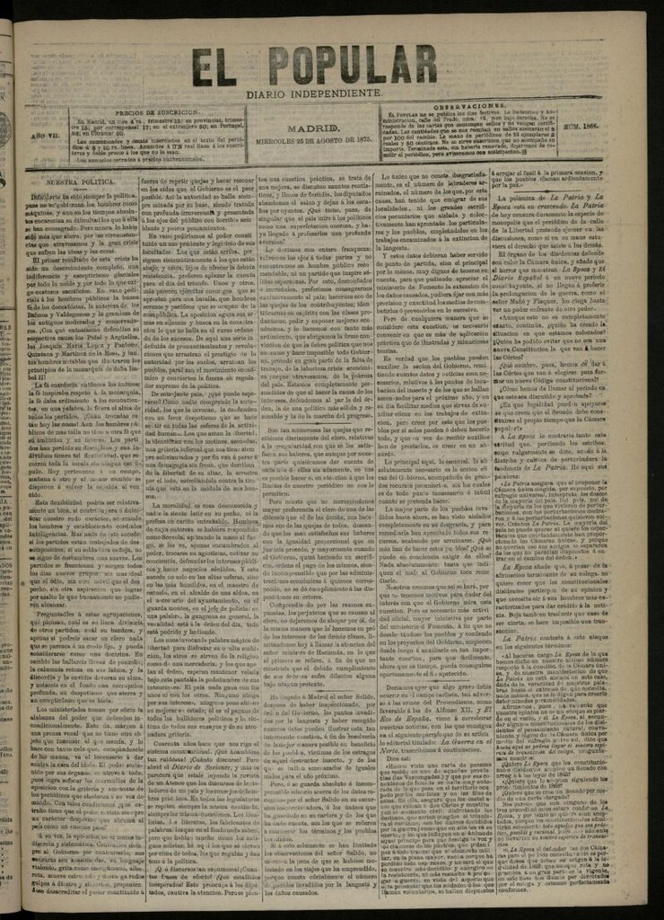 Miniatura de El Popular: diario independiente, político, literario y de noticias de interés general del 25 de agosto de 1875, nº 1866