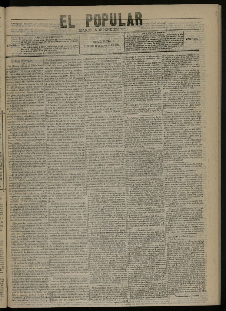 Miniatura de El Popular: diario independiente, político, literario y de noticias de interés general del 27 de agosto de 1875, nº 1868