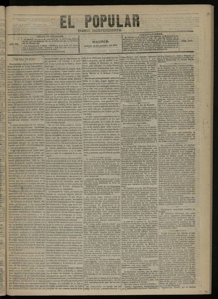 Miniatura de El Popular: diario independiente, político, literario y de noticias de interés general del 28 de agosto de 1875, nº 1869