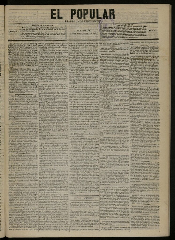 Miniatura de El Popular: diario independiente, político, literario y de noticias de interés general del 30 de agosto de 1875, nº 1870