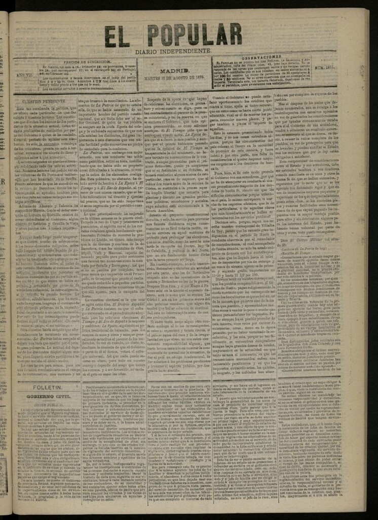Miniatura de El Popular: diario independiente, político, literario y de noticias de interés general del 31 de agosto de 1875, nº 1871