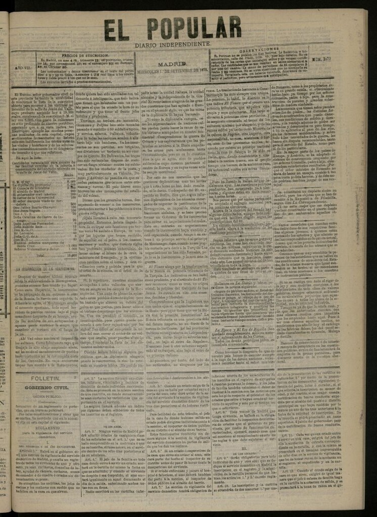 Miniatura de El Popular: diario independiente, político, literario y de noticias de interés general del 1 de septiembre de 1875, nº 1872