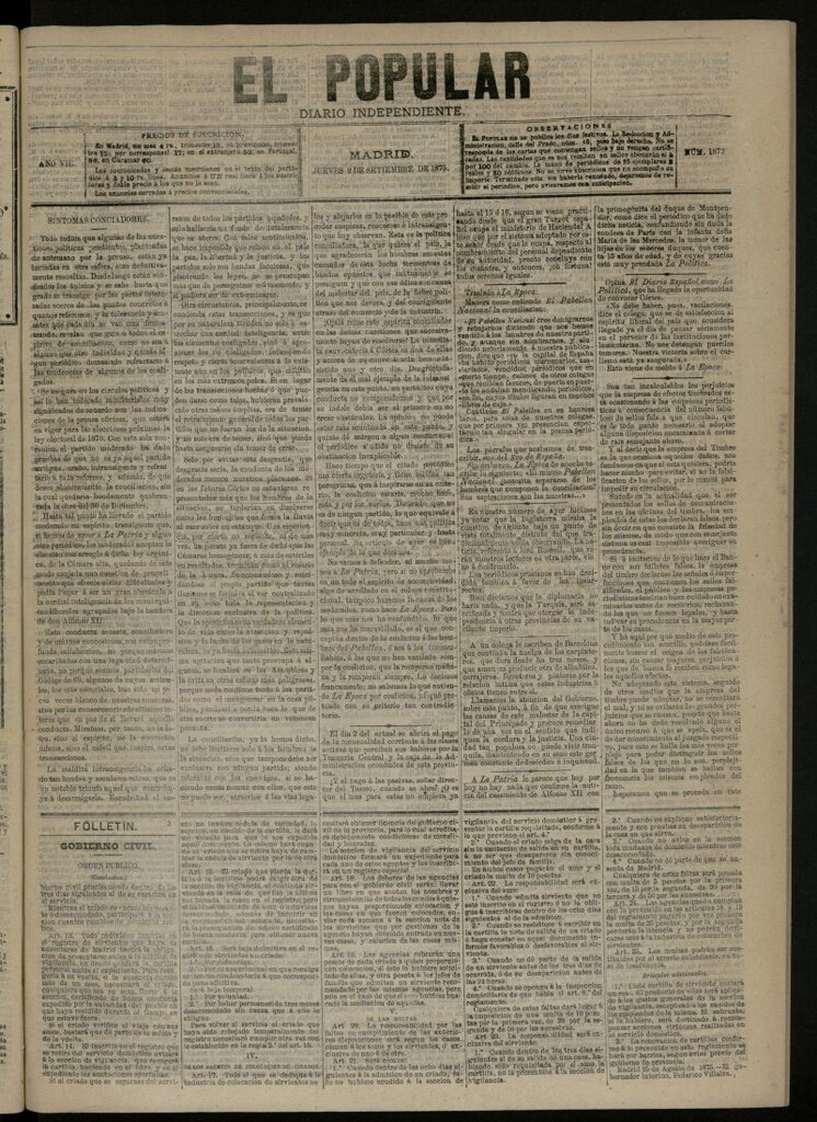 Miniatura de El Popular: diario independiente, político, literario y de noticias de interés general del 2 de septiembre de 1875, nº 1873