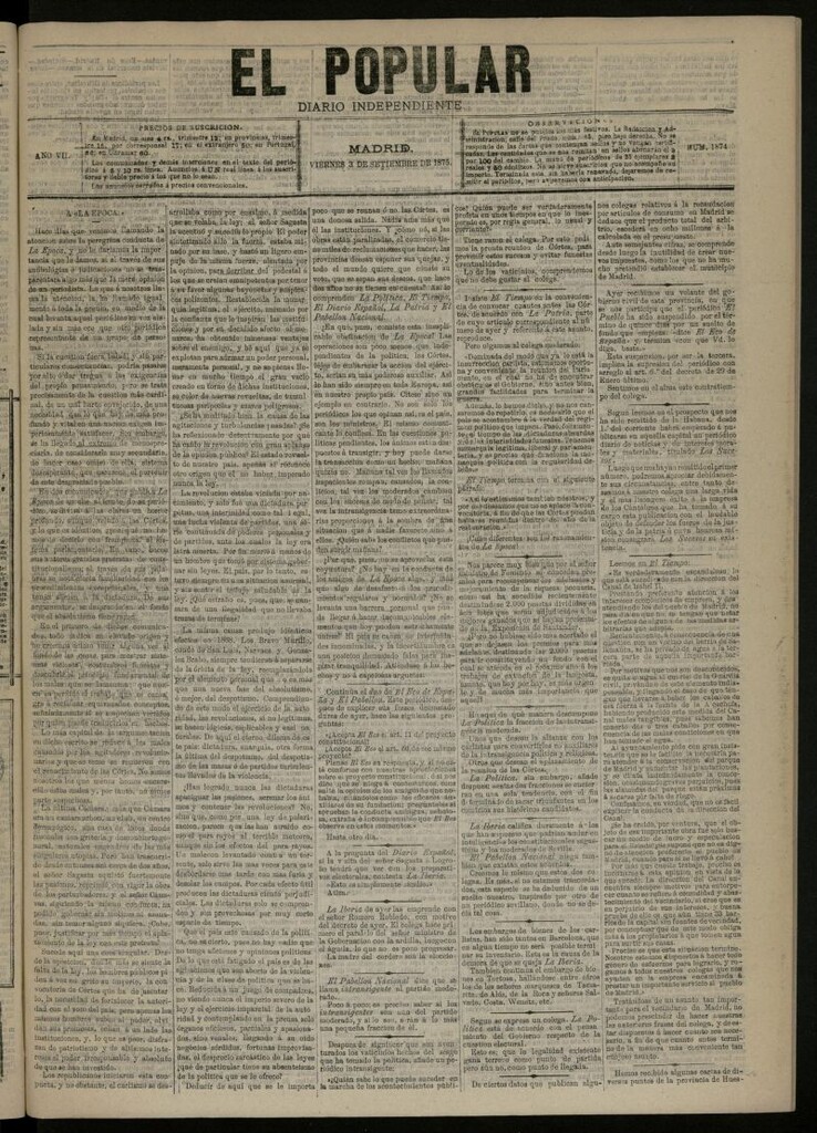 Miniatura de El Popular: diario independiente, político, literario y de noticias de interés general del 3 de septiembre de 1875, nº 1874
