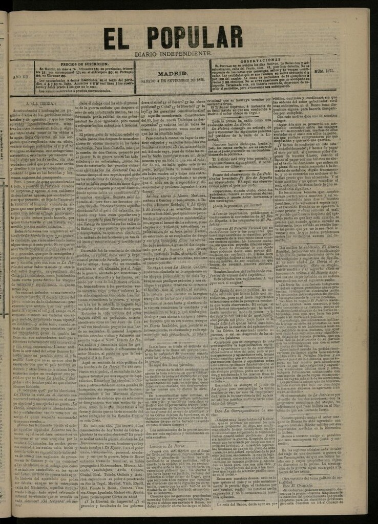 Miniatura de El Popular: diario independiente, político, literario y de noticias de interés general del 4 de septiembre de 1875, nº 1875