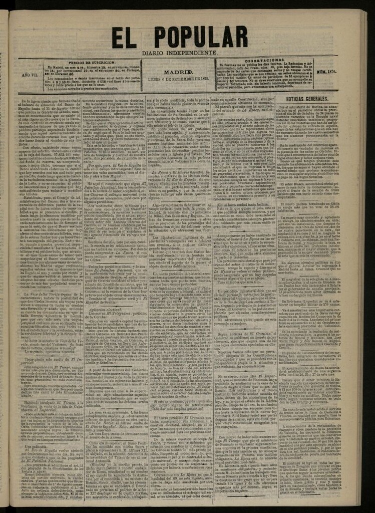 Miniatura de El Popular: diario independiente, político, literario y de noticias de interés general del 6 de septiembre de 1875, nº 1876