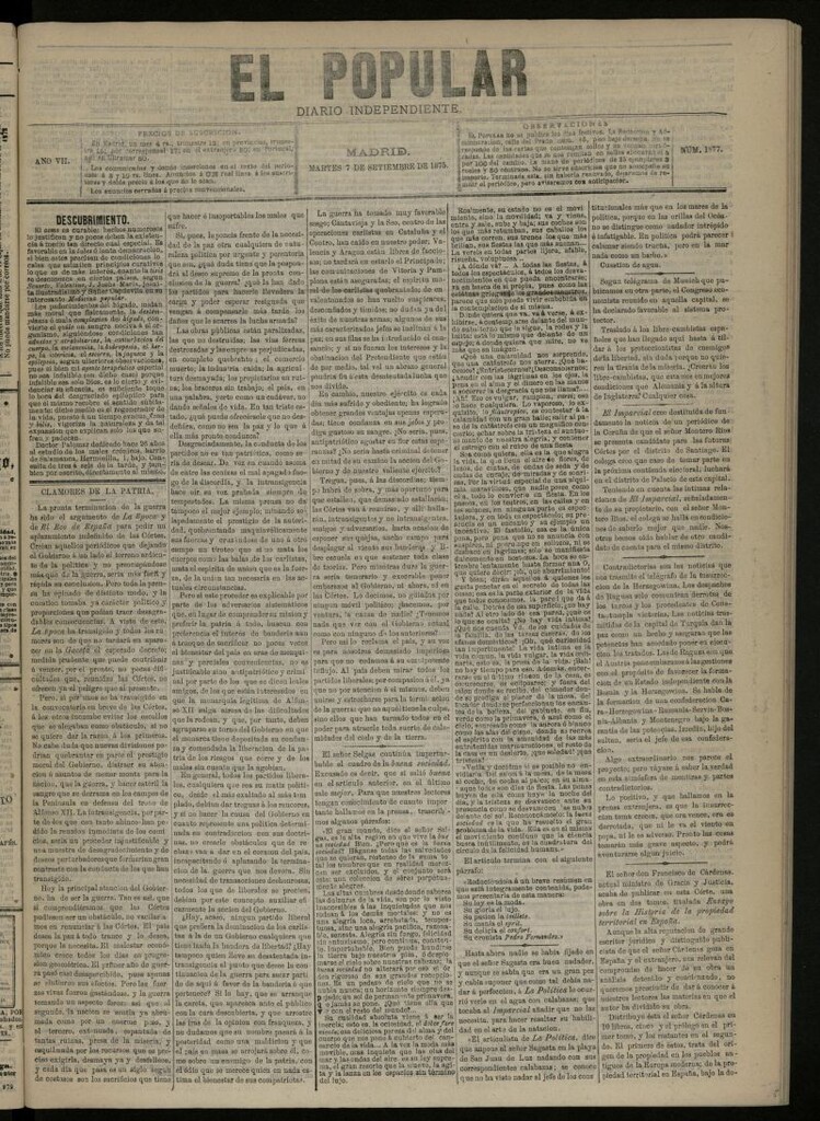 Miniatura de El Popular: diario independiente, político, literario y de noticias de interés general del 7 de septiembre de 1875, nº 1877