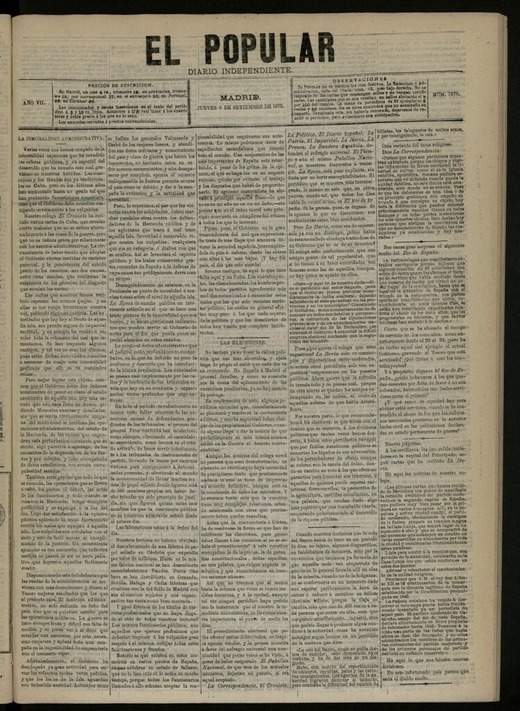 Miniatura de El Popular: diario independiente, político, literario y de noticias de interés general del 9 de septiembre de 1875, nº 1878