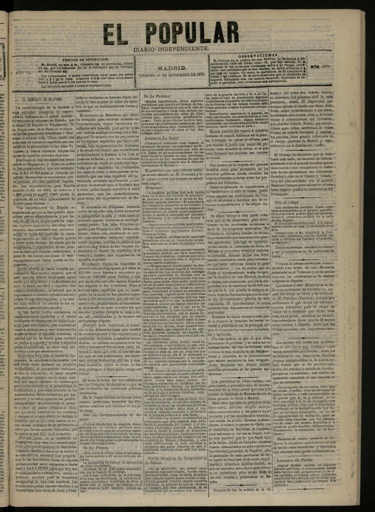 Miniatura de El Popular: diario independiente, político, literario y de noticias de interés general del 10 de septiembre de 1875, nº 1879