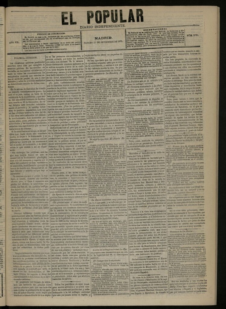 Miniatura de El Popular: diario independiente, político, literario y de noticias de interés general del 11 de septiembre de 1875, nº 1880