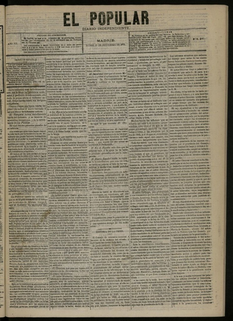 Miniatura de El Popular: diario independiente, político, literario y de noticias de interés general del 13 de septiembre de 1875, nº 1881